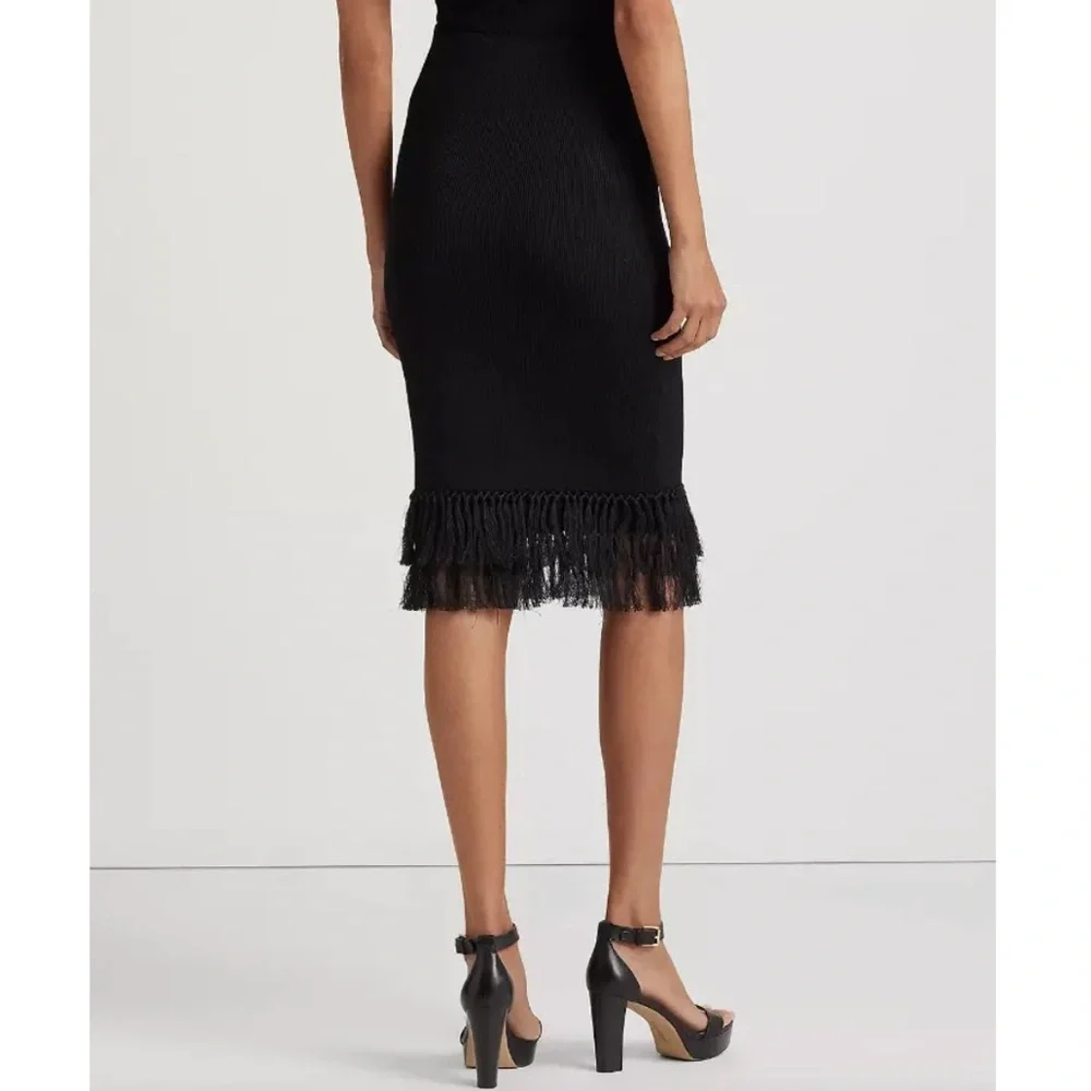 nwt $225 Lauren Ralph Lauren Rib-Knit Pencil Skirt with Fringe-Trim Black Small - Picture 13 of 15